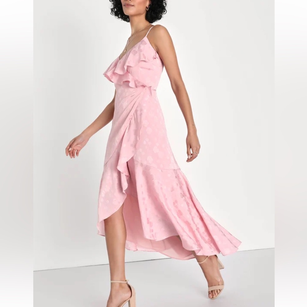 NWT Lulus Coquette Blush Pink Floral High Low Ruffle Satin Wrap Midi Dress